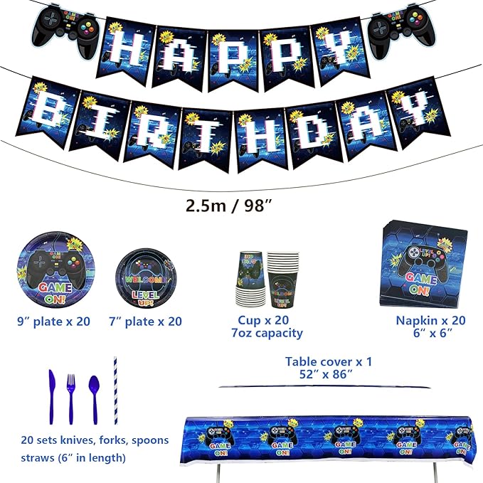 Video Game Party Supplies - Game Birthday Decoration Kit for Boys, Including HAPPY BIRTHDAY Banner, Plates, Cups, Napkins, Tableware, Tablecloths, for Kid Birthday Decoration - Serves 20
