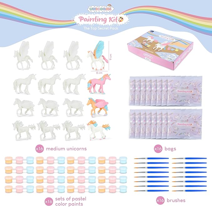 BONNYCO Unicorn Party Favors for Kids Painting Kit Pack 16, Goodie Bags Stuffers for Kids 3-5 4-8. Goody Bag Stuffers, Pinata, Classroom Prizes. Return Gifts Birthday Girl, Unicorn Party Supplies