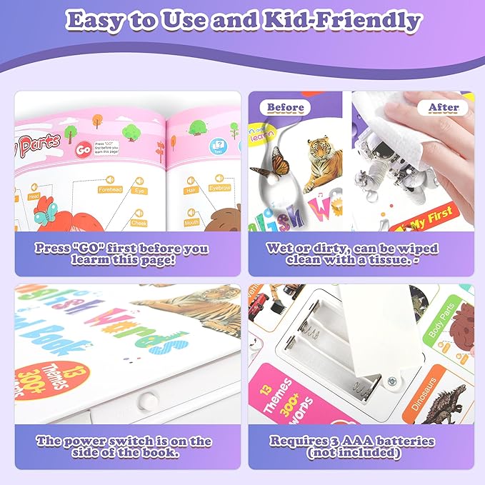 English Words Sound Book -Total 300+Words, 13 Themes, Interactive Audio Sound Books for Toddlers, Autism Sensory Games, Early Educational Gifts,Birthday Gift for Toddlers Kids Age 3 4 5