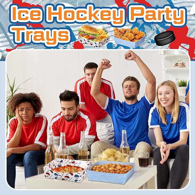 Teling 36 Pack Hockey Party Supplies Large 5 lb Hockey Plates Trays Bowls Paper Food Boats Disposable Nacho Serving Snack Trays for Sport Themed Birthday and Tailgate Party Decorations Favors
