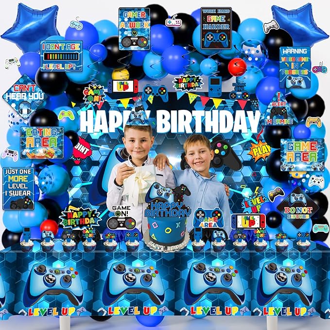Video Game Birthday Party Decorations, 179Pcs Gamer Gaming Birthday Party Supplies Decor with Backdrop, Sticker, Balloons, Cake Toppers, Tablecloth, Centerpieces, Hanging Swirls, Wall Signs