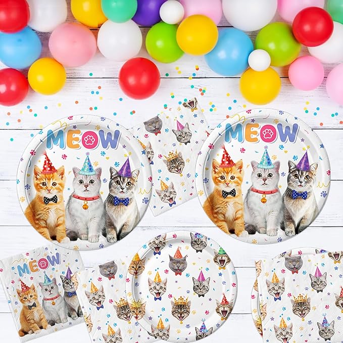 170PCS Cat Birthday Decorations Cat Birthday Party Supplies - Includes Plates, Napkins, Cups, Cutlery, Banner, Hanging Swirl for Cat Birthday Party Decorations, Serves 24