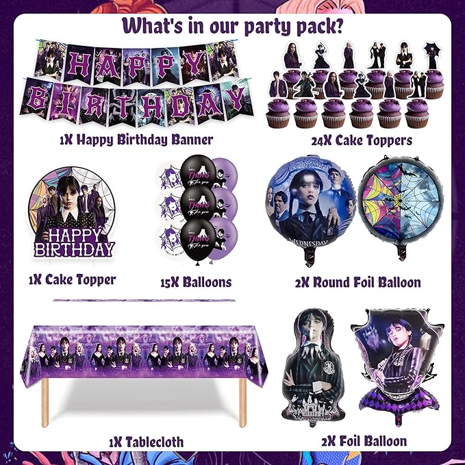 Wednesday Inspire Birthday Party Decorations, Wednesday Inspire Party Supplies Include Banner, Foil Balloons, Latex Balloons, Tablecloth, Cake Toppers