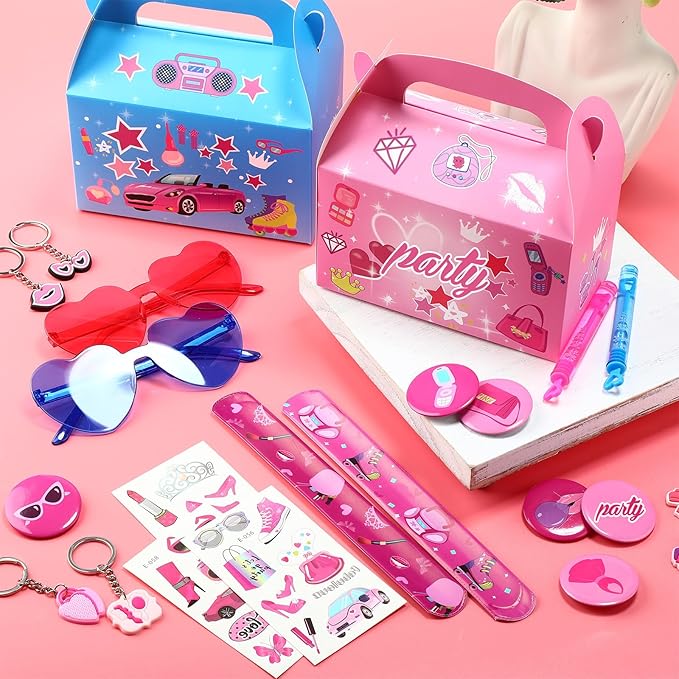 82 Pcs Hot Pink Princess Party Favors Kit Pink Princess Party Supplies Includes Girl Keychains Stickers Bracelets Bubble Waters Sunglasses Button Badge Gift Box