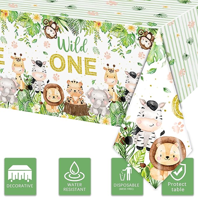 3PCS Wild One Tablecloths for Boys Baby Kids 1st First Birthday Party Jungle Animal Themed Table Cloths Safari Baby Shower Decorations Table Cover Party Supplies -54x108in