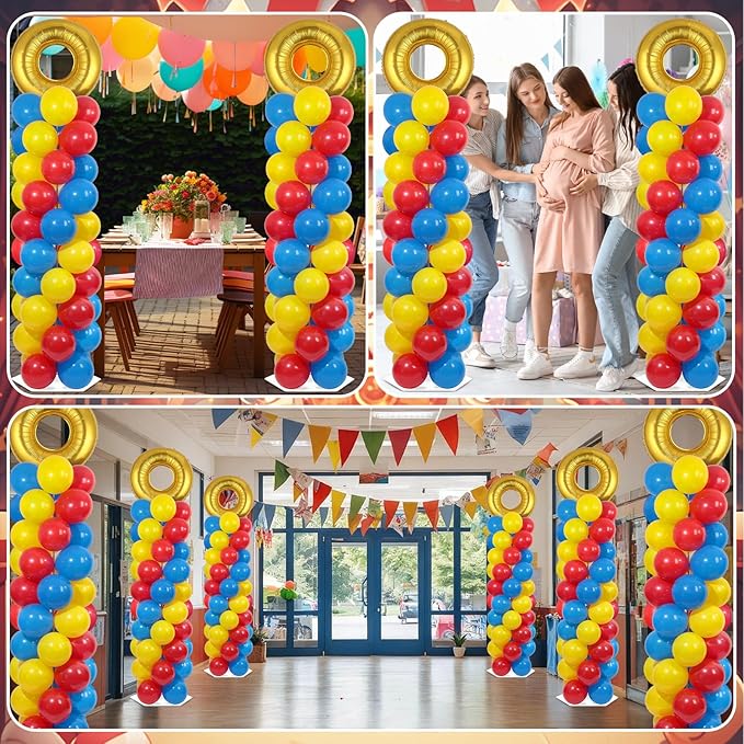 2 Sets Cartoon Hedgehog Balloon Column Stand Kit with 102 Balloons Golden Ring 5.57ft Adjustable Balloon Tower Stand with Golden Ring Balloons Arch Column for Hedgehog Theme Birthday Party Supplies