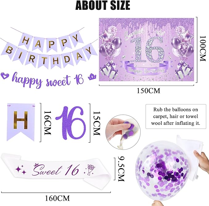 Sweet 16 Birthday Party Decorations for Girls - Purple 16th Happy Birthday Banner Heart Balloons Number 16, Photo Backdrop Crown Sash Party Supplies for Sixteen Years Old