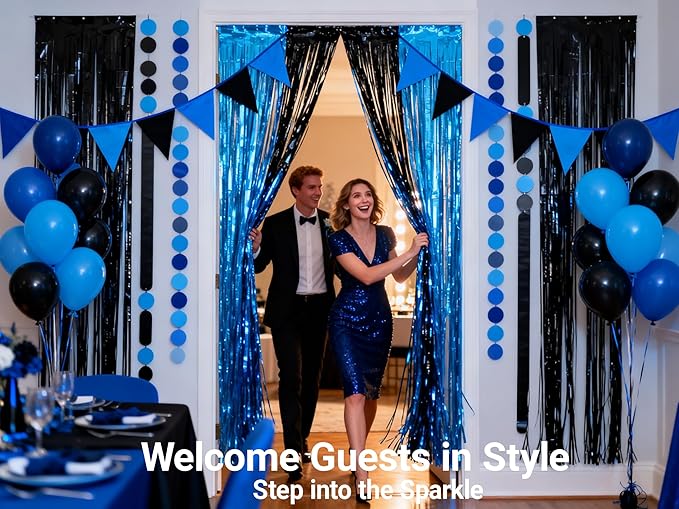 3packs Navy Blue Black Foil Fringe Curtains, Blue Birthday Party Decorations Backdrop for Women, Graduation Tinsel,Retirement Tinsels for Man Him,Wedding Streamers-Each 3.3 x 6.5ft