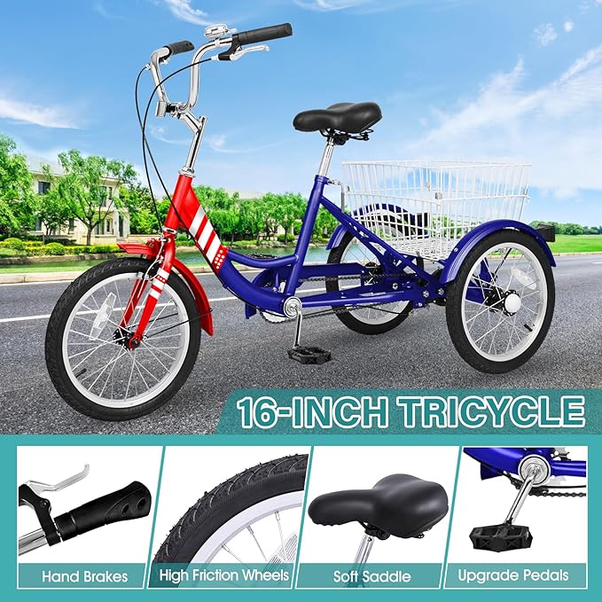 MOPHOTO 16 Inch Small Tricycle for Beginner Riders, Low Step-Through 3 Wheel Bike, Single Speed Trike with Hand Brakes, Adjustable Seat and Rear Basket, Fits Heights 3'9" to 4'9"