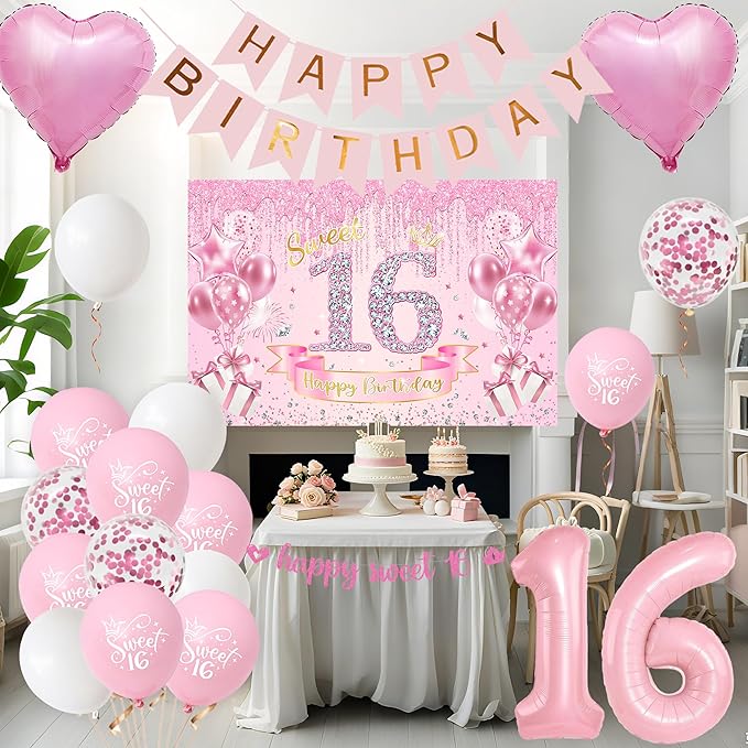Sweet 16 Birthday Party Decorations for Girls - Pink 16th Happy Birthday Banner Heart Balloons Number 16, Photo Backdrop Crown Sash Party Supplies for Sixteen Years Old