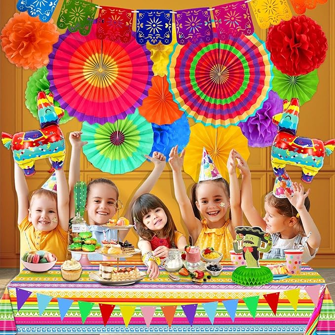 [ 7 Varieties ] 33Pcs Cinco De Mayo Fiesta Party Decorations, Mexican Themed Party Supplies, Paper Fans Pom Poms Table Cover Llama Balloons Pennant Papel Picado Banner Honeycomb Table Decor