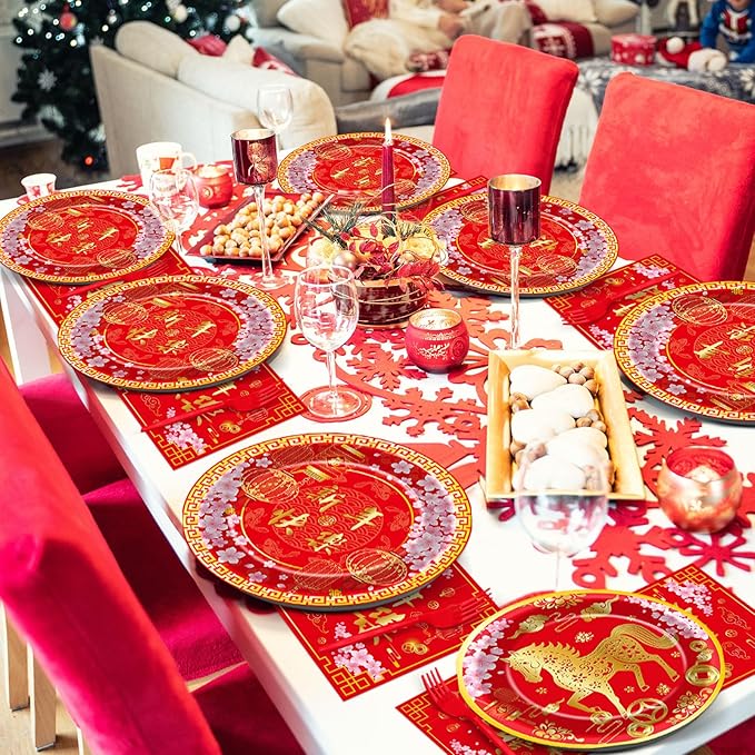 96 Pcs Chinese New Year Party Supplies Paper Plates Napkins Happy 2026 Red Gold Horse Tableware Set Spring Festival Party Plates Napkins Forks Chinese Lunar New Year Eve Decorations Serves 24