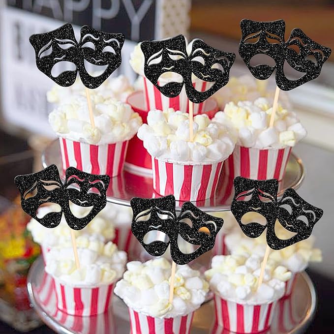 24 PCS Theatrical Mask Cupcake Toppers Glitter Comedy Movie Night Cupcake Picks for Film Festival Theme Birthday Party Cake Decorations Supplies Black