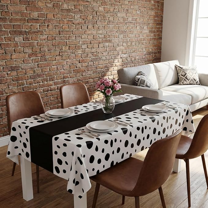 Irenare 6 Pcs Dalmatian Tablecloth Polka Dot Tablecloth Printed Table Runner Waterproof Disposable Art Table Cover for Birthday Wedding Picnic Tea Party Decoration, 54" x 108"(Black)