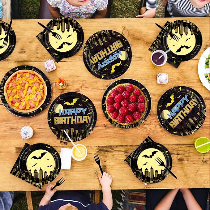 96Pcs Bat Theme Birthday Party Decorations Yellow Black Bat Birthday Dessert Plates and Napkins Set Cartoon Hero Decoration for Boys Baby Shower Super Theme Hero Bats Holiday Party Supplies Serves 24