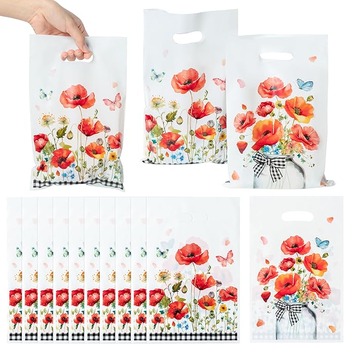 3sscha 50Pcs Red Poppy Party Favor Bag - Flower Butterfly Plastic Waterproof Goodie Bags Spring Summer Bloom Floral Rectangular Treat Bags for Birthday Party Decoration Supplies
