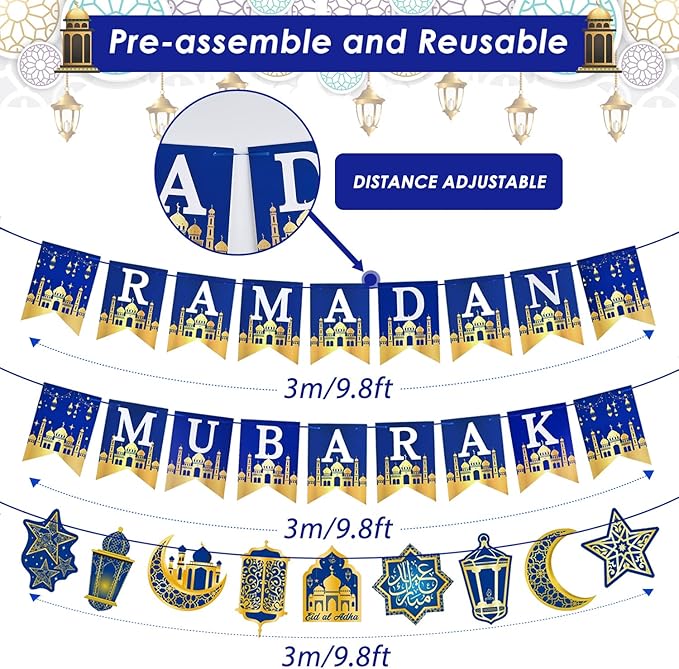 AhfuLife Ramadan Mubarak Banner Decorations for Home, 3 Pcs Pre-Tied Ramadan Mubarak Bunting Banners for Muslim Party Decor, Moon Star Lanterns Garland Islamic Party Supplies