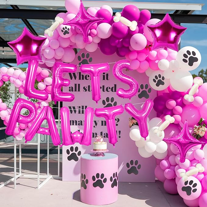 Lets Pawty Balloons Banner 16 Inch,Hot Pink Dog Birthday Decorations with 4pcs 10 Inch Star Balloons,Paw Foil Letter Balloon for Dogs Paw Pet Puppy Theme Party Supplies