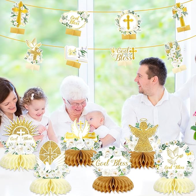 party greeting 14Pcs White Gold Floral Decoration Honeycomb Centerpieces God Baptism Decoration God Bless Centerpieces for Table Decoration First Communion Party Supply Centerpieces Double Side Table