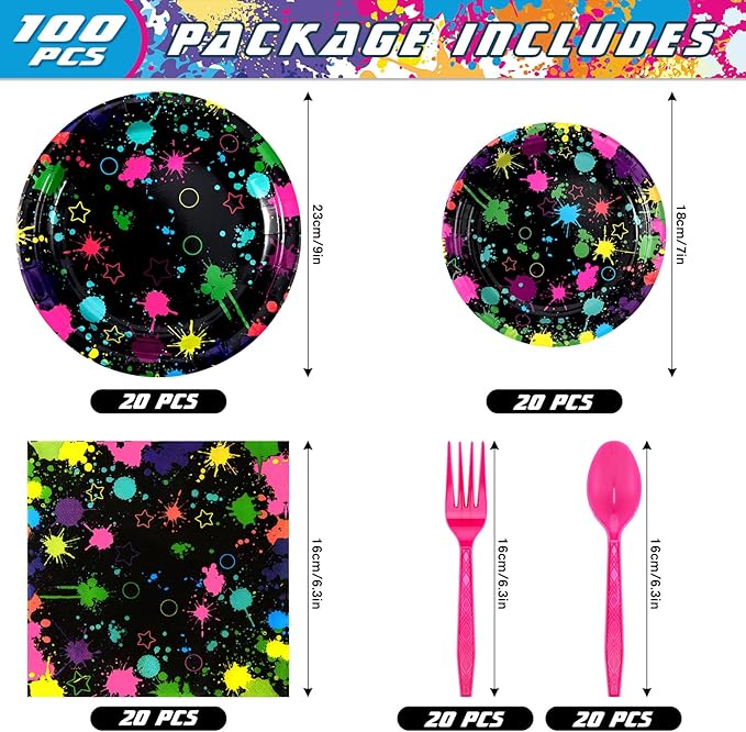100 Pcs Neon Party Supplies, Serves 20 Guests, Neon Plates and Napkins Tableware Set Glow in The Dark Birthday Disposable Paper Dinnerware Graffiti Party Decoration for Birthday Baby Shower