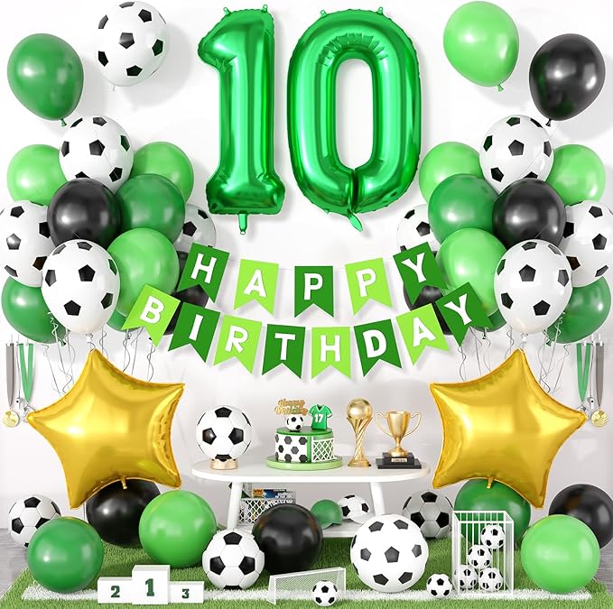 Soccer Birthday Party Decorations for Boys, 10th Soccer Birthday Decoration with Green Black White Balloons 'HAPPY BIRTHDAY' Banner Cake Toppers 32in Foil 10 Balloon for Boys Sports Party Decor