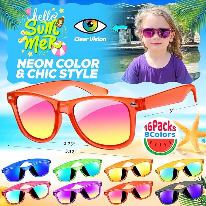 Kids Sunglasses Bulk Party Favors, Boys Girls Easter Gifts Sunglasses for Kids Age 3-8, Birthday Goodie Bags Stuffers for Pool Beach Party Supplies, End of the Year Gifts for Students - 16PCS
