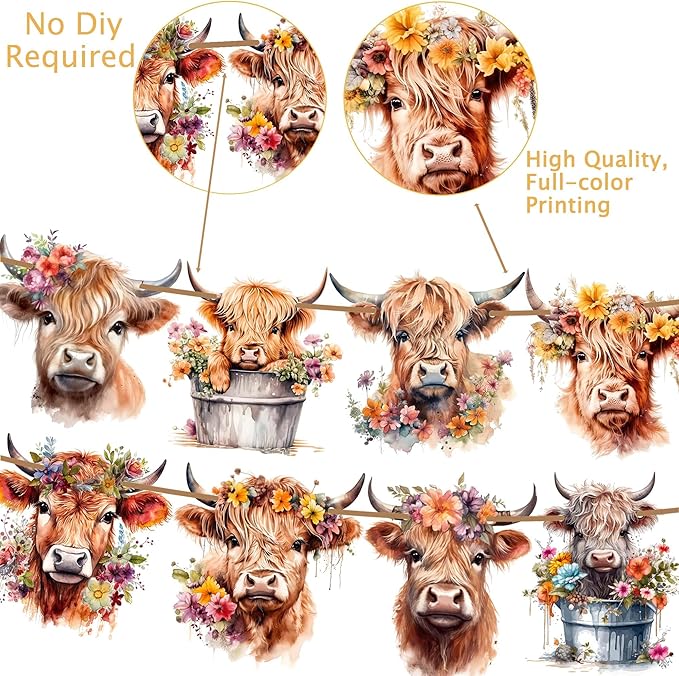Brown Glitter Highland Cow Birthday Banner - Cattle Themed Party Decorations for Baby Shower Supplies