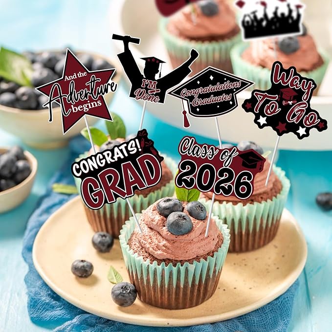 2026 Graduation Cupcake Toppers - 48 Pcs Maroon Graduation Party Supplies Mini Cake Food/Appetizer Picks For Class of 2026 Graduation Decorations