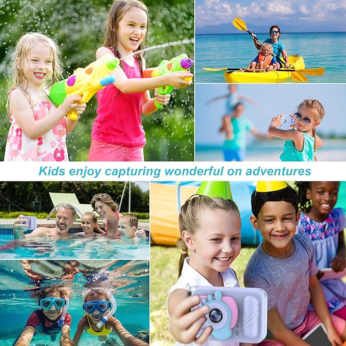 Kids Waterproof Digital Underwater Camera - 48MP HD 1080P Video, Dual Lens Selfie with Stand - Christmas Birthday Festival Gift for Ages Above 3 Girl Boy Child Toddler, Cartoon Cover, Blue