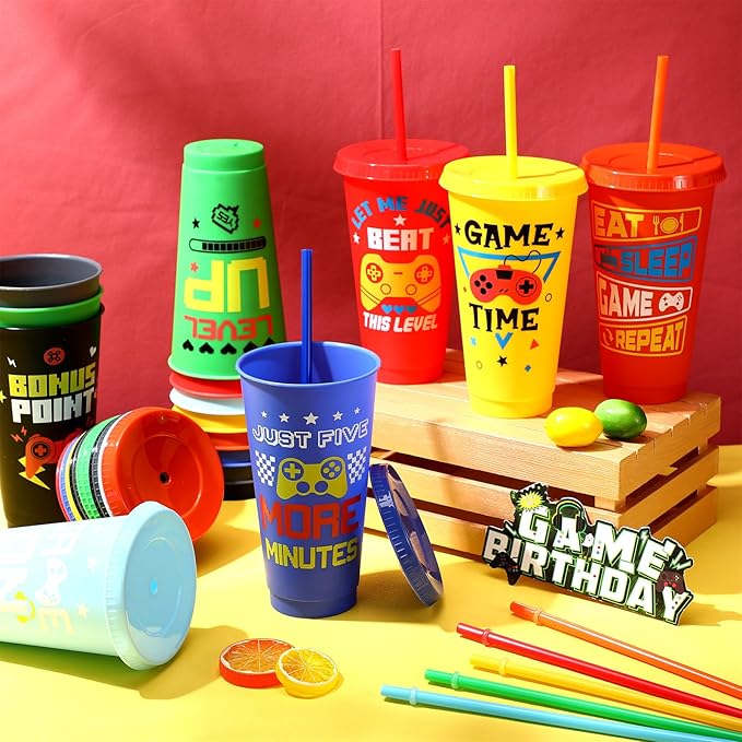 16 Pcs Video Game Plastic Cups Gaming Party Favor with Lids and Straws 24 oz Gamer Reusable Tumbler Water Mug for Fun Video Birthday Party Supplies for Adults (Colorful)