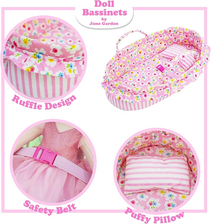 June Garden Cozy Dream Doll Bassinet - Baby Doll Portable Carrier - Fits for American Girl Dolls up to 18" - Soft Pillow & Safety Buckle Included