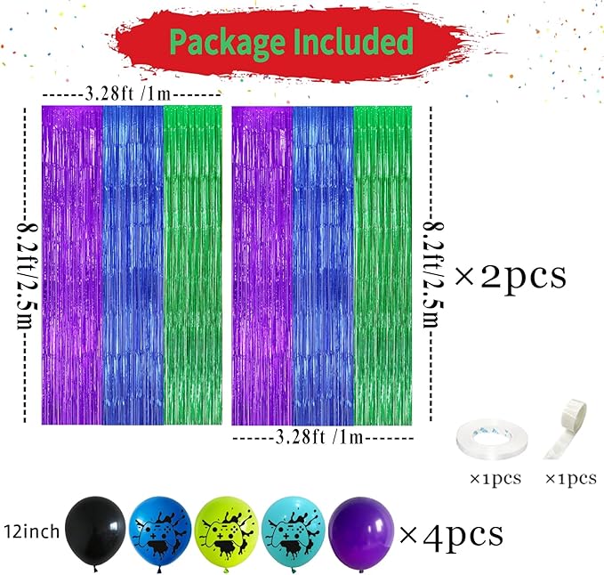 22pcs Video Game Birthday Decorations, Purple Blue Green 3.3x8.2ft Tinsel Foil Fringe Curtains Banners and Multicolour Balloons for Cartoon Gaming Theme Party Decorations Boys and Kids Party Supplies