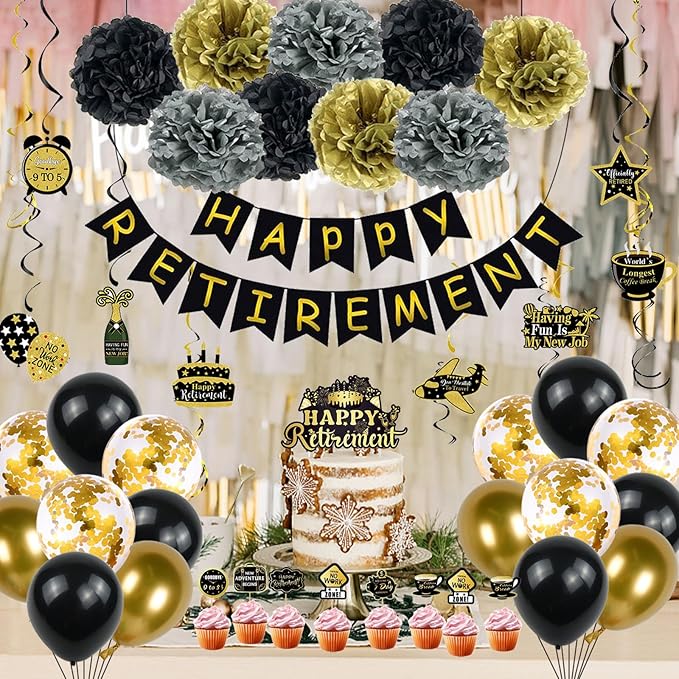 Retirement Party Decorations for Men Women, 92Pcs Black Gold Happy Retirement Decorations Include Balloons Retired Sash Banner Cake Toppers Hanging Swirls Paper Pompom Retired Party Supplies