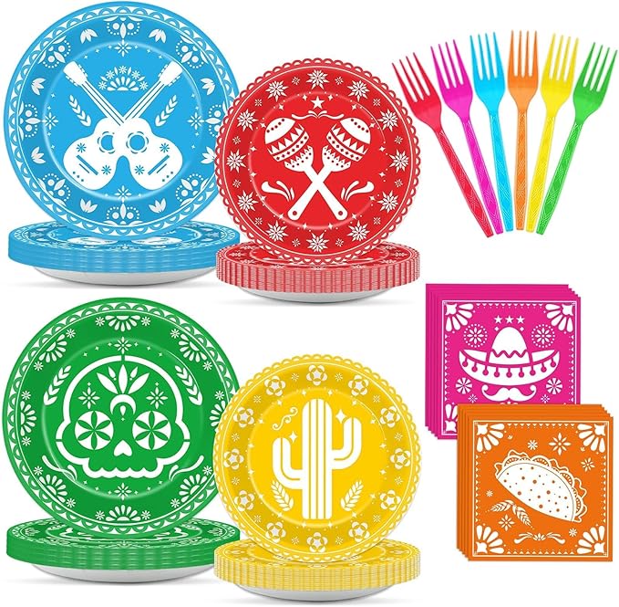 96 Pcs Mexican Fiesta Tableware 5 De Mayo Party Supplies for 24 Guests Mexican Papel Picado Disposable Plates Napkins for Party Decorations Fiesta Taco Carnival Birthday Baby Shower Favors