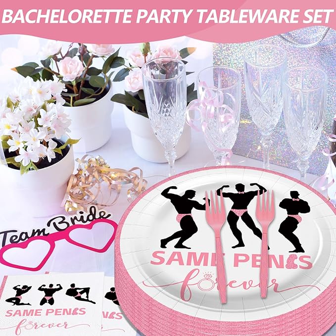 100 Pcs Bachelorette Tableware Party Supplies Set, Serves 25 – Disposable Pink Paper Plates, Napkins, and Forks for Bridal Shower, Hen Party, Engagement, Girls Night, Valentine’s Day Decorations