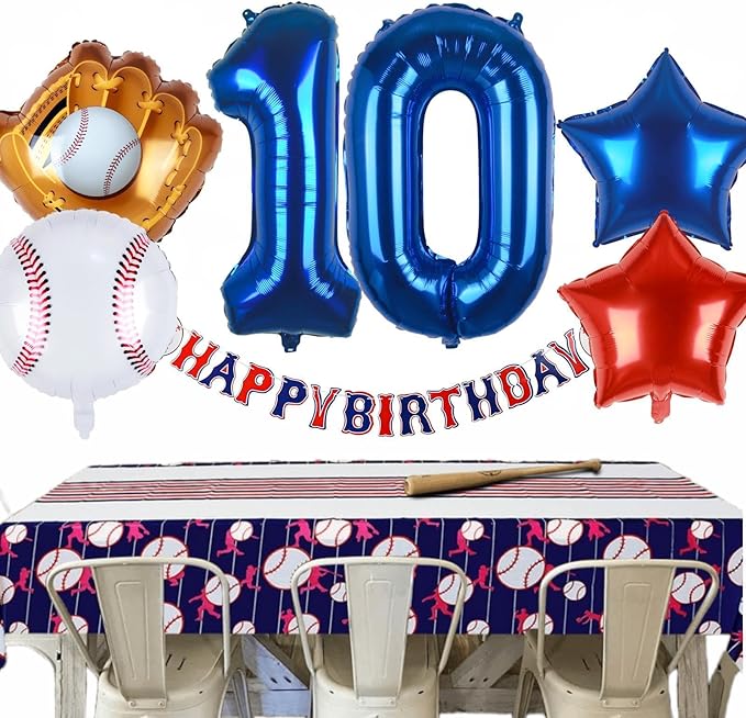 Baseball Balloons 10th Birthday Decorations for Boys | Baseball Birthday Decoration Sports Theme Party Supplies, 32Inch Foil Mylar Number 10 Balloon Navy Blue Red White Sports Balloon Arch Kits