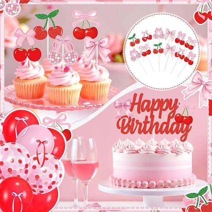 K KUMEED Cherry Birthday Decorations,Cute Happy Birthday Cherry and Bow Banner,Summer Fruit Cherries Party Supplies Cake Topper Latex Balloons for Birthday Party Decorations