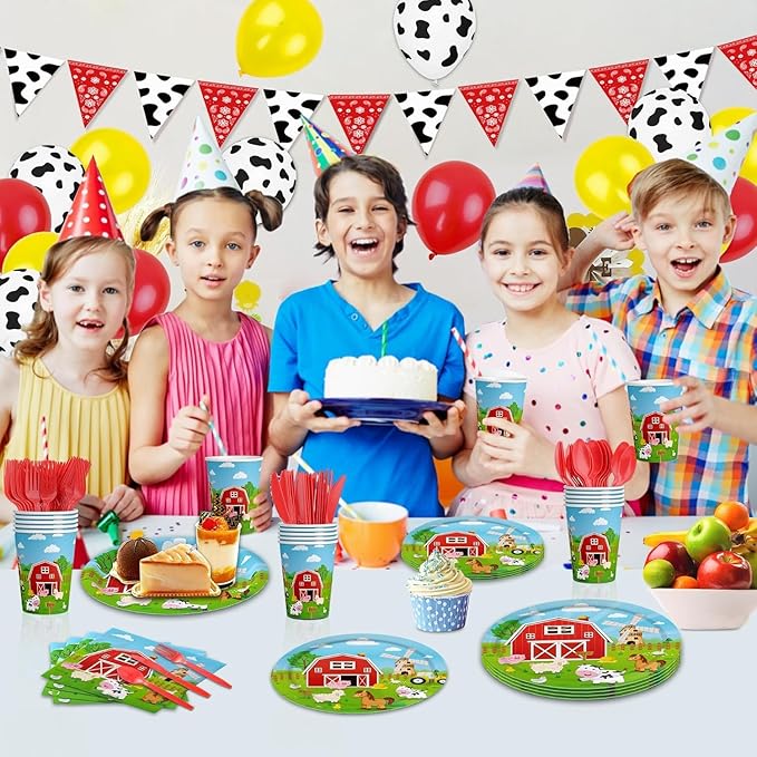150 Pcs Farm Animal Birthday Party Decorations Farm Plates Tableware Barnyard Farm Birthday Party Supplies Serves 25 Farm Themed Cups, Farm Animal Napkins Red Knife/Fork/Spoon