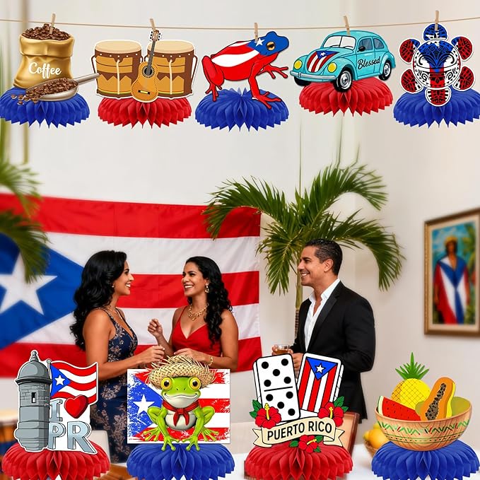 Puerto Rico Party Decorations: 9PCS Puerto Rico Honeycomb Centerpieces for Tables Puerto Rican Rapper Theme Party Decorations Puerto Rican Table Decor for Birthday Patriotic Festival Party Supplies
