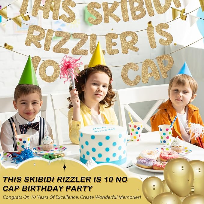 Fulmoon Pre Strung This Skibidi Rizzler Is 10 No Cap Glitter Banner 10th Birthday Party Decorations, Funny Birthday Sign, Party Supplies, Ideas, Gifts (Champagne Gold)