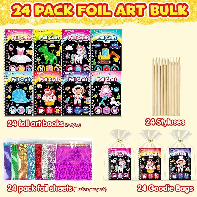 FUNNYB&G Foil Art Party Favors for Kids - 24 Pack Foil Art Crafts Kits Coloring Books, Goodie Bag Stuffers Party Favors for Kids 4-8 8-12, Bulk Birthday Classroom Prizes Girls Boys Gifts (Classic)