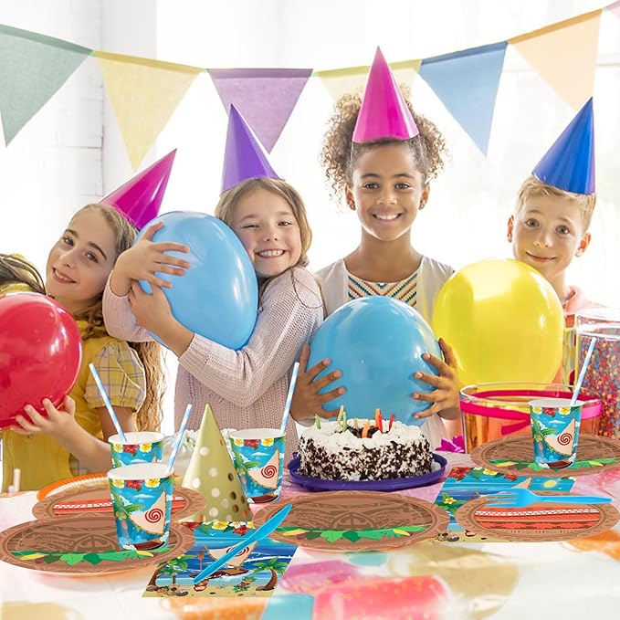 168PCS Ocean Party Supplies for Boys Girls Cartoon Beach Themed Party Decorations Hawaii Tableware with Paper Plates Cups Forks Knives and Straws for 24 Guests