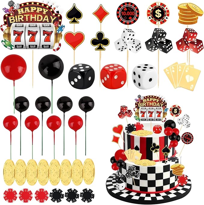 Hooqict 39 Pieces Casino Cake Decorations Set with Mini Slot Machine Dice Poker Birthday Cake Toppers & Cupcake Toppers for Las Vegas Casino Night Theme Party Decorations