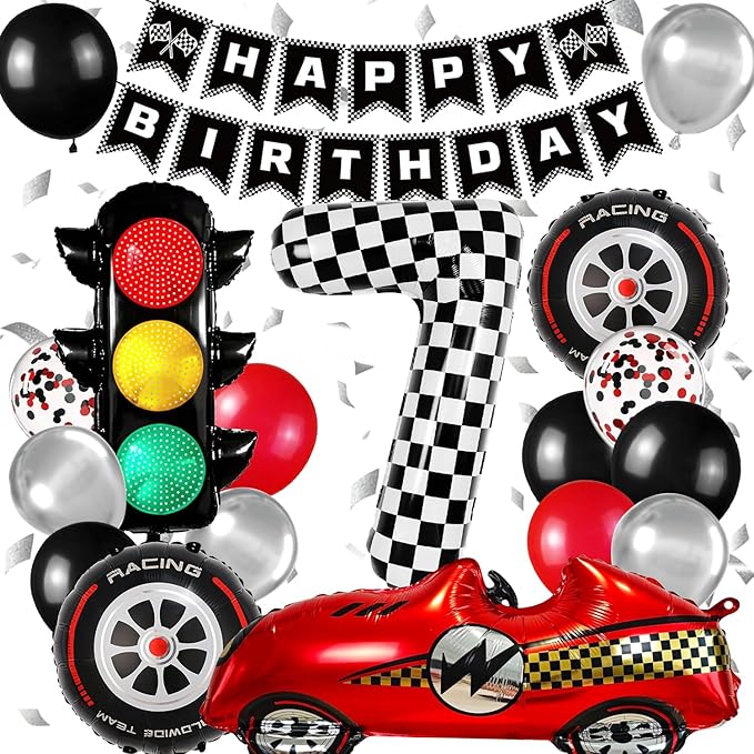 Race Car Birthday Party Decorations, with 40 Inch Number 7 Balloon, Happy Birthday Banner, Traffic Light and Foil Tire Balloon for 7th Car Themed Birthday Party Supplies