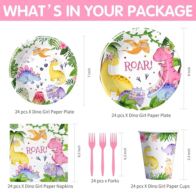 Dinosaur Party Decorations Tableware For Girl Birthday Baby Shower, Pink Dino Dinosaur Birthday Party Supplies, Paper Plate, Cup, Napkin, Disposable Fork , 24 Guests