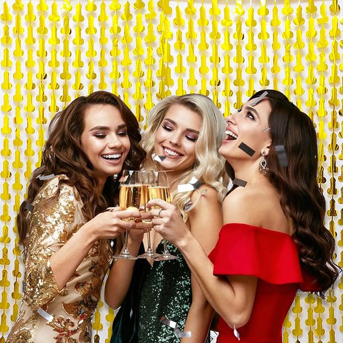 Bachelorette Party Decorations Foil Fringe Curtain, 2-Pack Girls Night Supplies Funny Metallic Streamers, Naughty Tinsel Backdrop for Hen Parties Bridal Shower Adult Birthday (Gold)