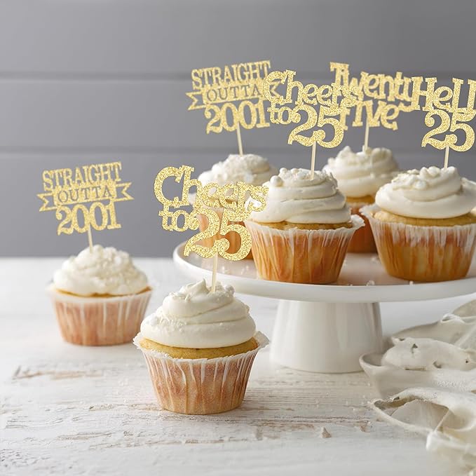 Ephlyn 24Pcs 25th Birthday Cupcake Toppers Glitter Straight Outta 2001 Cupcake Picks Hello 25 Cheers to 25 Years Cake Decorations for 25th Birthday Anniversary Party Decorations Supplies Gold