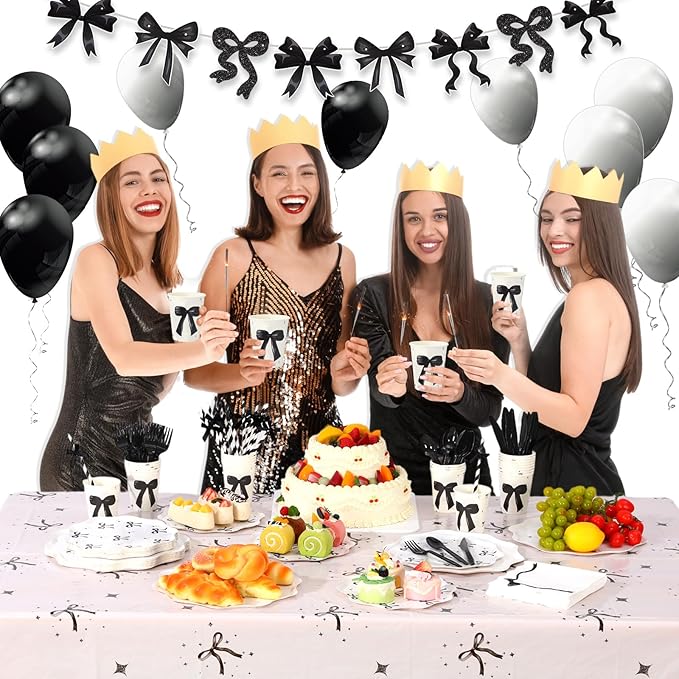 Sawysine 202 Pcs Black Bow Party Supplies Disposable Dinnerware Set 50 Plates 25 Cups 25 Napkins 25 Plastic Forks 25 Knives 25 Spoons 25 Straw Flag Tablecloth to Serve 25 Guests