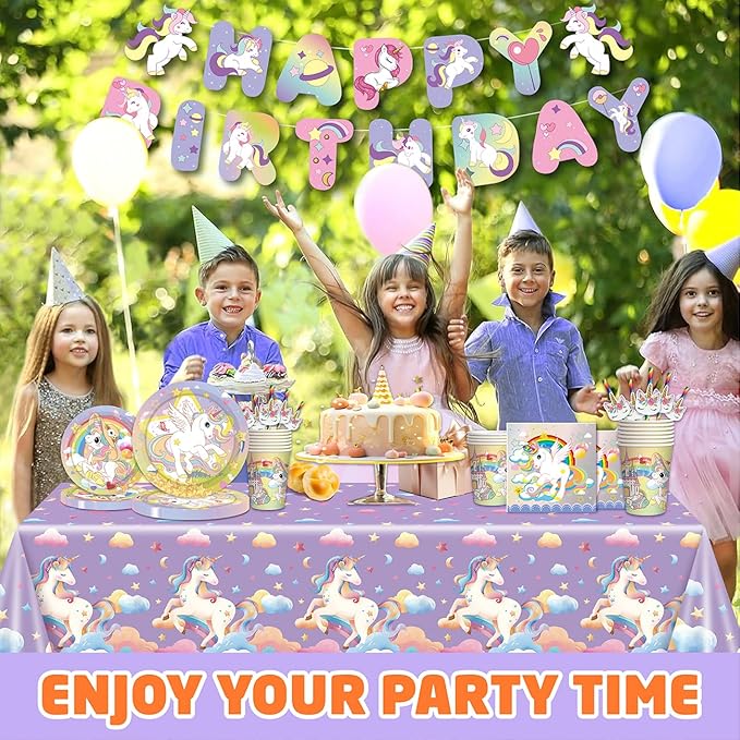 146Pcs Unicorn Plates and Napkins Party Supplies Includes Plates, Napkin, Fork, Cup, Straw, Tablecloth, Banner for Unicorn Baby Shower Birthday Party Decorations, Serves 24