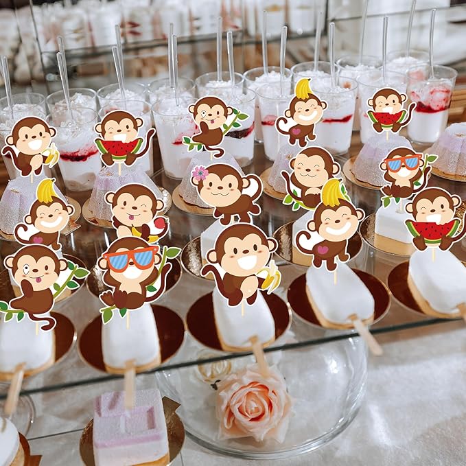 Monkey Birthday Party Decorations - 40PCS Monkey Cupcake Toppers Decoration Animals Themed Cupcake Picks Decor for Baby Shower Supplies